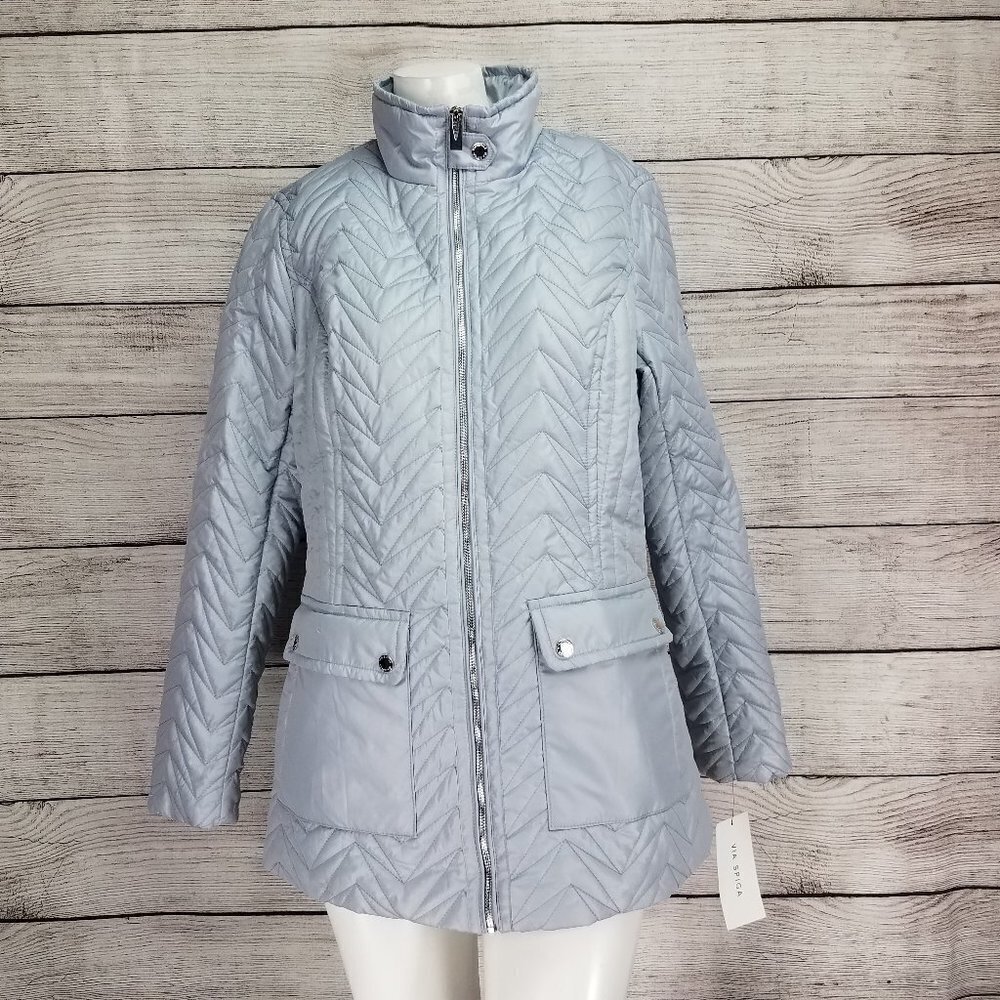 Via Spiga NWT Quilted Jacket Cargo Utility Puffer Lightweight Warm Blue Womens M